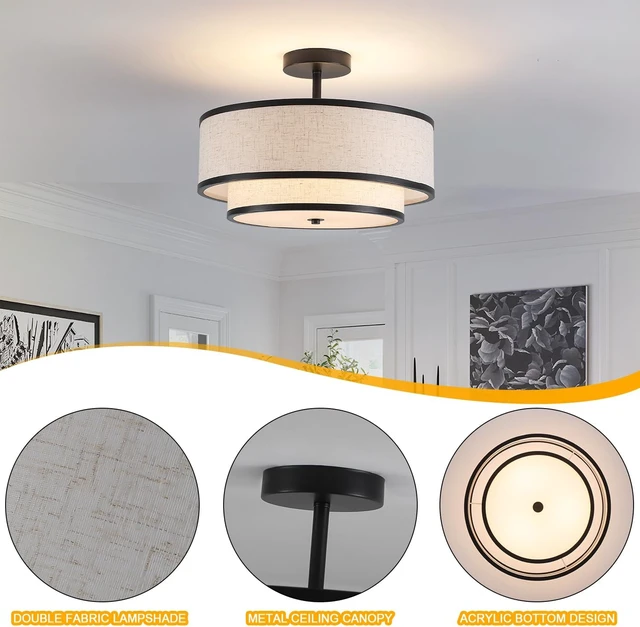 Alt view image 2 of 7 - Semi Flush Mount Ceiling Light, 3-Light Double Drum Ceiling Light Fixture with Fabric Shade, Farmhouse Chandelier Dining Room Light Fixture for Bedroom, Kitchen, Hallway (Black)