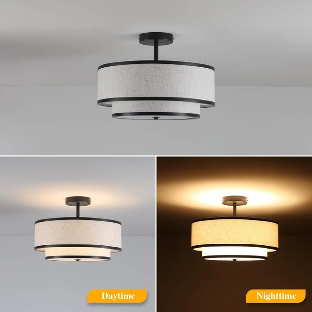 Alt view image 3 of 7 - Semi Flush Mount Ceiling Light, 3-Light Double Drum Ceiling Light Fixture with Fabric Shade, Farmhouse Chandelier Dining Room Light Fixture for Bedroom, Kitchen, Hallway (Black)