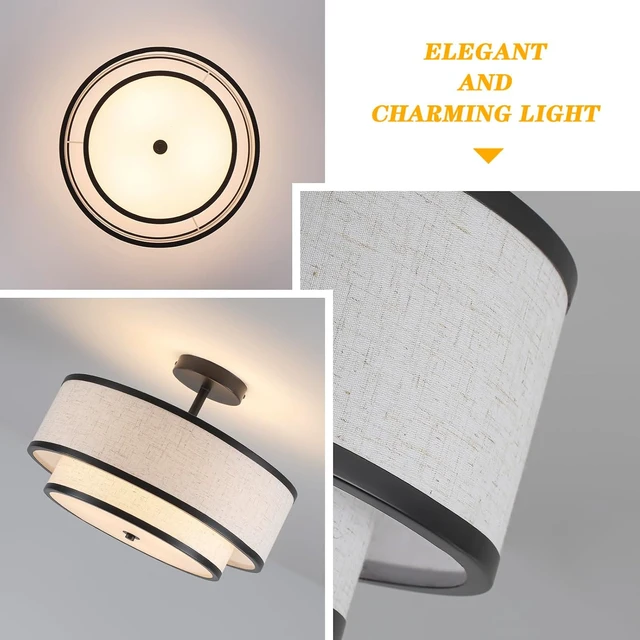Alt view image 4 of 7 - Semi Flush Mount Ceiling Light, 3-Light Double Drum Ceiling Light Fixture with Fabric Shade, Farmhouse Chandelier Dining Room Light Fixture for Bedroom, Kitchen, Hallway (Black)