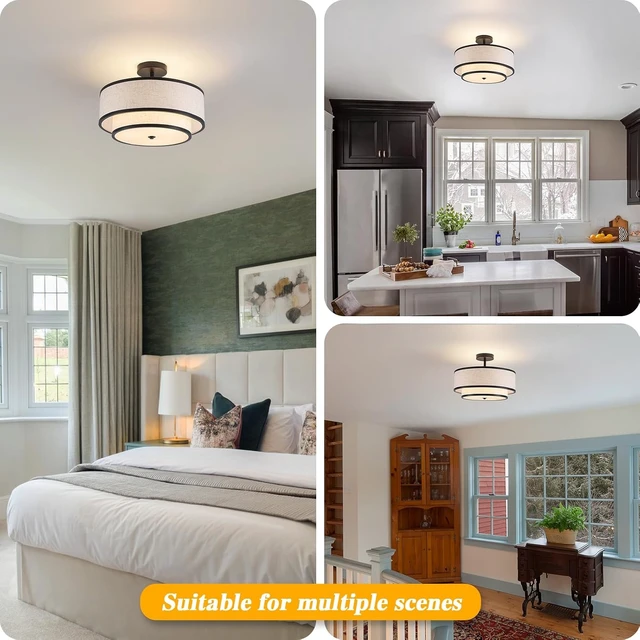 Alt view image 5 of 7 - Semi Flush Mount Ceiling Light, 3-Light Double Drum Ceiling Light Fixture with Fabric Shade, Farmhouse Chandelier Dining Room Light Fixture for Bedroom, Kitchen, Hallway (Black)