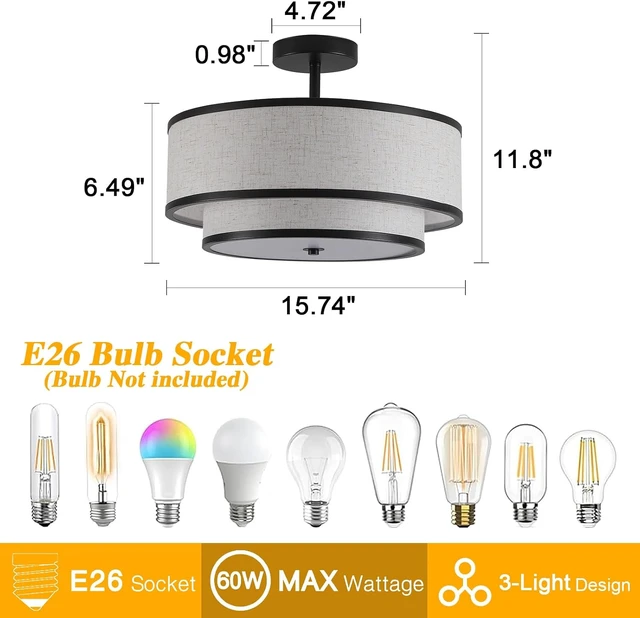 Alt view image 6 of 7 - Semi Flush Mount Ceiling Light, 3-Light Double Drum Ceiling Light Fixture with Fabric Shade, Farmhouse Chandelier Dining Room Light Fixture for Bedroom, Kitchen, Hallway (Black)