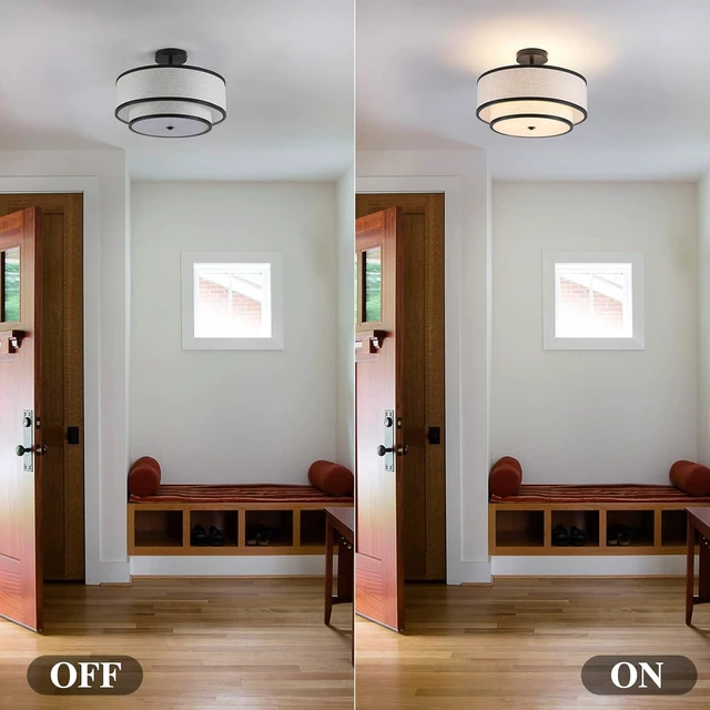 Alt view image 7 of 7 - Semi Flush Mount Ceiling Light, 3-Light Double Drum Ceiling Light Fixture with Fabric Shade, Farmhouse Chandelier Dining Room Light Fixture for Bedroom, Kitchen, Hallway (Black)