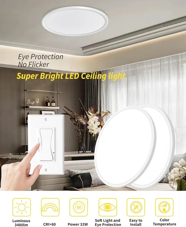 Alt view image 2 of 7 - 4Pack 16 Inch Dimmable LED Flush Mount Ceiling Light Panel,32W 3480LM,2700K-6000K 5 CCT Selectable,Ultra Thin Round White Ceiling Light Fixture for Hallway Kitchen Bedroom Home Office Bathroom