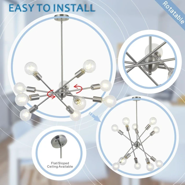 Alt view image 3 of 7 - BONLICHT Modern Sputnik Chandelier Lighting 10 Lights with Adjustable Arms Mid Century Brushed Nickel Pendant Lighting for Kitchen Living Room Dining Room Foyer