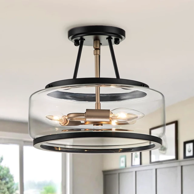 Main image of Drum Black and Gold Semi Flush Mount Ceiling Light Fixture Entryway Hallway
