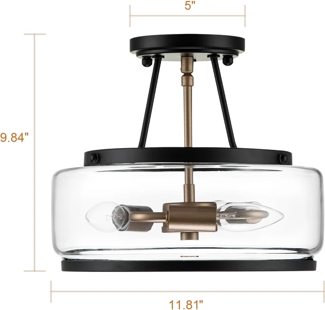 Alt view image 3 of 7 - Drum Black and Gold Semi Flush Mount Ceiling Light Fixture Entryway Hallway