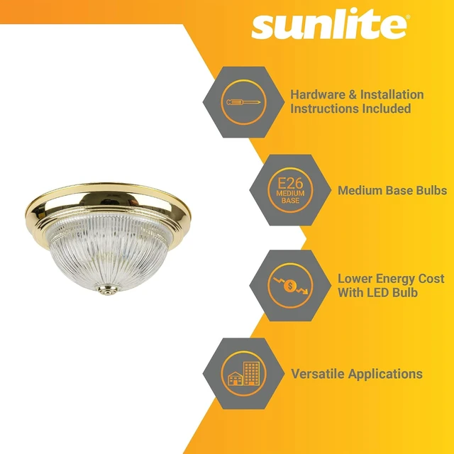 Alt view image 3 of 5 - Sunlite 11-Inch Traditional Dome Ceiling Light, Classic Decorative Flush Mount, Clear Glass Shade, 2 60W A19 Bulbs (Not Included), Medium E26 Base, for Bedrooms, Hallways & Bathrooms, Polished Brass