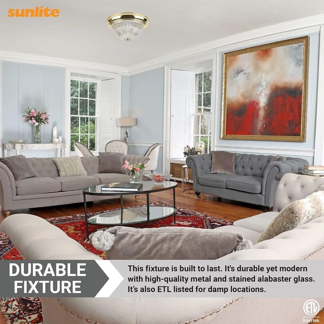 Alt view image 4 of 5 - Sunlite 11-Inch Traditional Dome Ceiling Light, Classic Decorative Flush Mount, Clear Glass Shade, 2 60W A19 Bulbs (Not Included), Medium E26 Base, for Bedrooms, Hallways & Bathrooms, Polished Brass