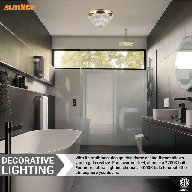 Alt view image 5 of 5 - Sunlite 11-Inch Traditional Dome Ceiling Light, Classic Decorative Flush Mount, Clear Glass Shade, 2 60W A19 Bulbs (Not Included), Medium E26 Base, for Bedrooms, Hallways & Bathrooms, Polished Brass
