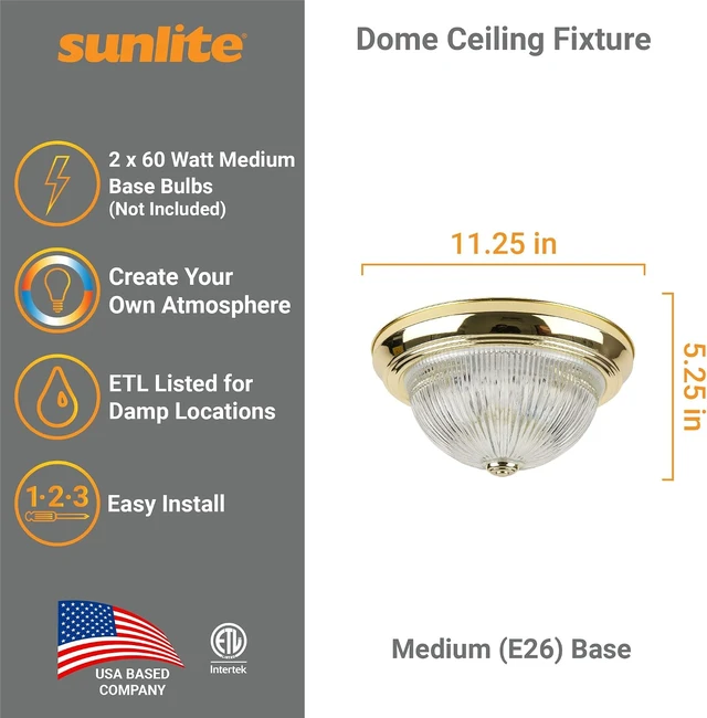 Alt view image 2 of 5 - Sunlite 11-Inch Traditional Dome Ceiling Light, Classic Decorative Flush Mount, Clear Glass Shade, 2 60W A19 Bulbs (Not Included), Medium E26 Base, for Bedrooms, Hallways & Bathrooms, Polished Brass