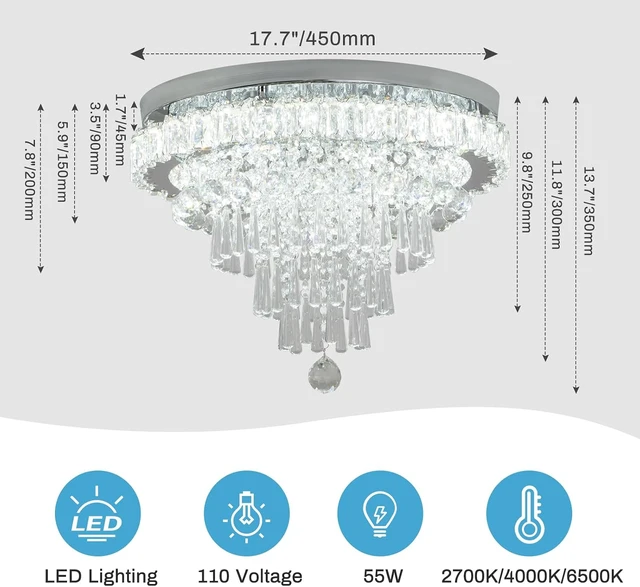 Alt view image 3 of 6 - CLAIRDAI 18.5" Crystal Flush Mount Ceiling Light, Cool White LED