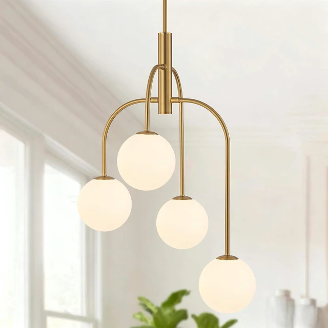 Main image of LamQee 4 Lights Mid Century Modern Chandelier, Milk Glass Globe Chandelier Light Fixture with Gold Metal & White Ball, Large Pendant Lighting Ceiling Hanging for Dining Room Kitchen Island Entryway