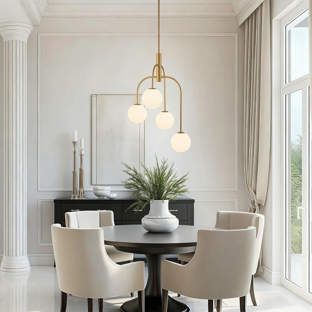 Alt view image 2 of 7 - LamQee 4 Lights Mid Century Modern Chandelier, Milk Glass Globe Chandelier Light Fixture with Gold Metal & White Ball, Large Pendant Lighting Ceiling Hanging for Dining Room Kitchen Island Entryway