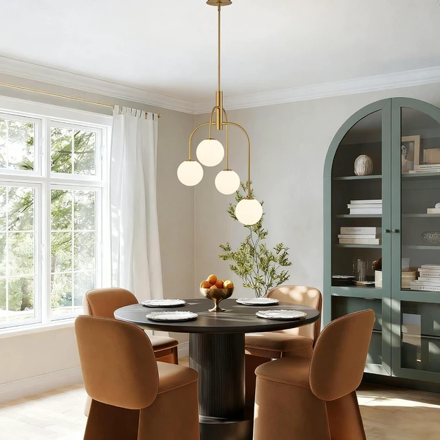 Alt view image 3 of 7 - LamQee 4 Lights Mid Century Modern Chandelier, Milk Glass Globe Chandelier Light Fixture with Gold Metal & White Ball, Large Pendant Lighting Ceiling Hanging for Dining Room Kitchen Island Entryway