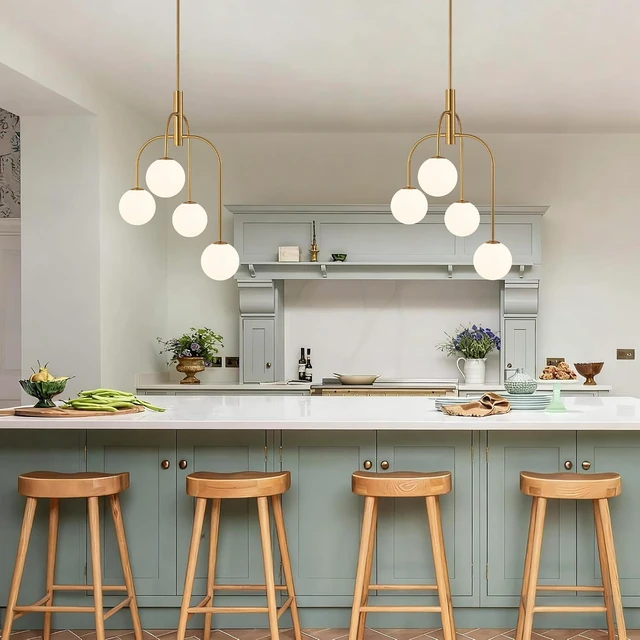 Alt view image 4 of 7 - LamQee 4 Lights Mid Century Modern Chandelier, Milk Glass Globe Chandelier Light Fixture with Gold Metal & White Ball, Large Pendant Lighting Ceiling Hanging for Dining Room Kitchen Island Entryway