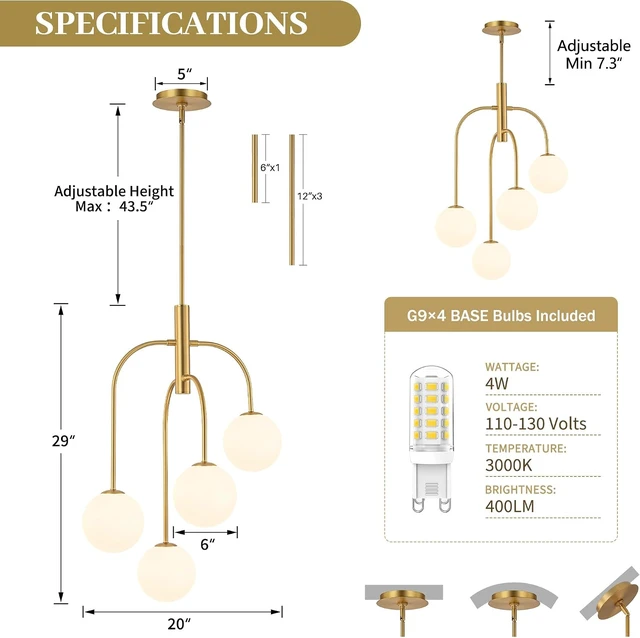 Alt view image 6 of 7 - LamQee 4 Lights Mid Century Modern Chandelier, Milk Glass Globe Chandelier Light Fixture with Gold Metal & White Ball, Large Pendant Lighting Ceiling Hanging for Dining Room Kitchen Island Entryway