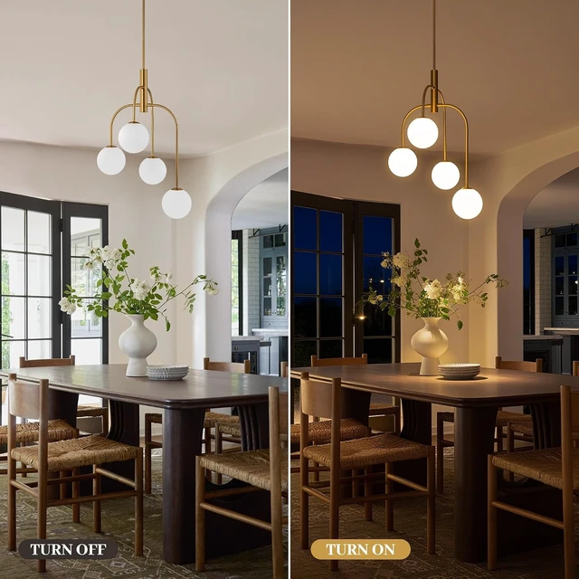 Alt view image 7 of 7 - LamQee 4 Lights Mid Century Modern Chandelier, Milk Glass Globe Chandelier Light Fixture with Gold Metal & White Ball, Large Pendant Lighting Ceiling Hanging for Dining Room Kitchen Island Entryway