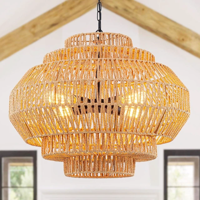 Main image of 23.6 Rattan Chandelier Dinning Room Pendant Light Fixture Boho Chandelier Boho Hanging Light Large Basket Light Woven Rattan Pendant Light for Kitchen Island Bedroom Farmhouse Living Room