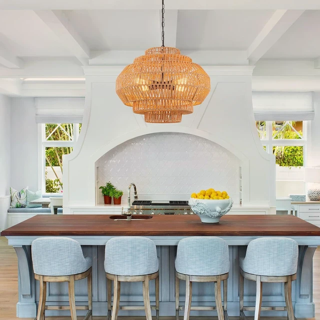 Alt view image 2 of 7 - 23.6 Rattan Chandelier Dinning Room Pendant Light Fixture Boho Chandelier Boho Hanging Light Large Basket Light Woven Rattan Pendant Light for Kitchen Island Bedroom Farmhouse Living Room