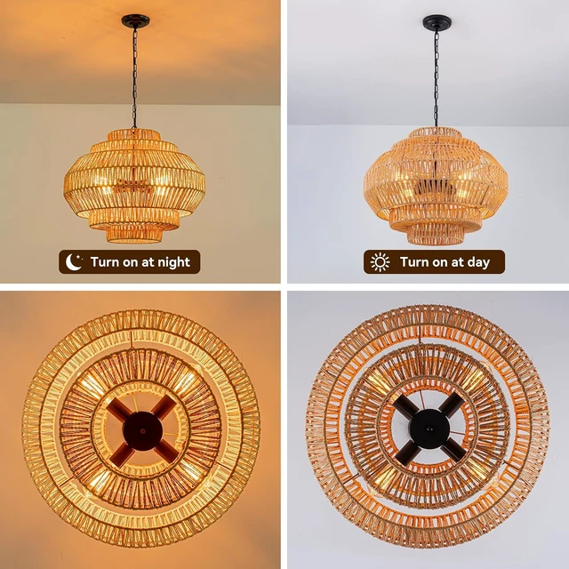 Alt view image 3 of 7 - 23.6 Rattan Chandelier Dinning Room Pendant Light Fixture Boho Chandelier Boho Hanging Light Large Basket Light Woven Rattan Pendant Light for Kitchen Island Bedroom Farmhouse Living Room