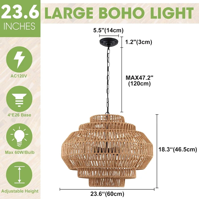 Alt view image 4 of 7 - 23.6 Rattan Chandelier Dinning Room Pendant Light Fixture Boho Chandelier Boho Hanging Light Large Basket Light Woven Rattan Pendant Light for Kitchen Island Bedroom Farmhouse Living Room