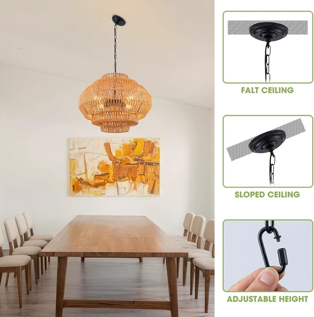 Alt view image 5 of 7 - 23.6 Rattan Chandelier Dinning Room Pendant Light Fixture Boho Chandelier Boho Hanging Light Large Basket Light Woven Rattan Pendant Light for Kitchen Island Bedroom Farmhouse Living Room