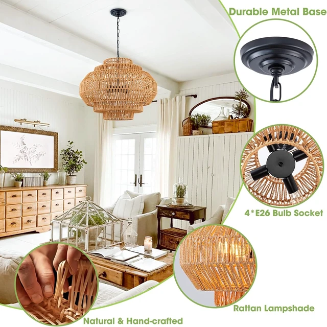 Alt view image 7 of 7 - 23.6 Rattan Chandelier Dinning Room Pendant Light Fixture Boho Chandelier Boho Hanging Light Large Basket Light Woven Rattan Pendant Light for Kitchen Island Bedroom Farmhouse Living Room