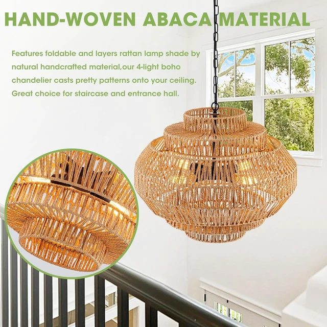 Alt view image 6 of 7 - 23.6 Rattan Chandelier Dinning Room Pendant Light Fixture Boho Chandelier Boho Hanging Light Large Basket Light Woven Rattan Pendant Light for Kitchen Island Bedroom Farmhouse Living Room