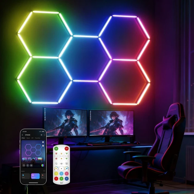 Main image of Glitgate RGB Hexagon Garage Lights: 5-Hex, Timer, App & Remote Control