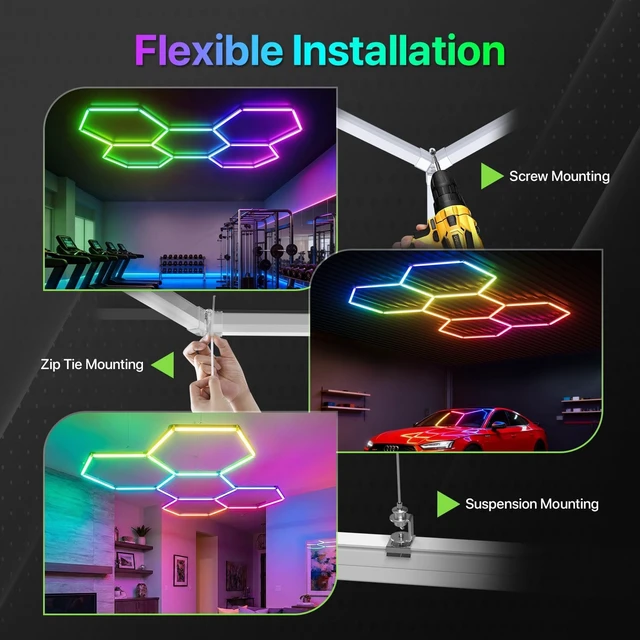 Alt view image 6 of 7 - Glitgate RGB Hexagon Garage Lights: 5-Hex, Timer, App & Remote Control