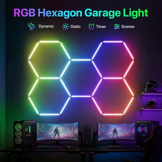 Alt view image 2 of 7 - Glitgate RGB Hexagon Garage Lights: 5-Hex, Timer, App & Remote Control