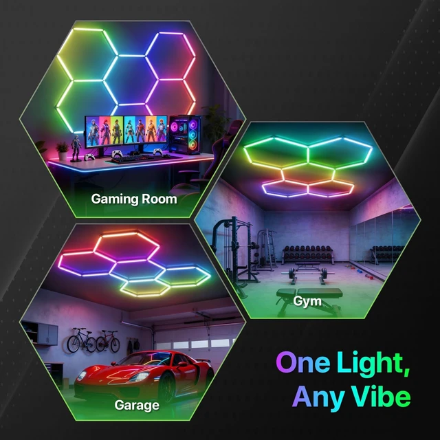 Alt view image 7 of 7 - Glitgate RGB Hexagon Garage Lights: 5-Hex, Timer, App & Remote Control
