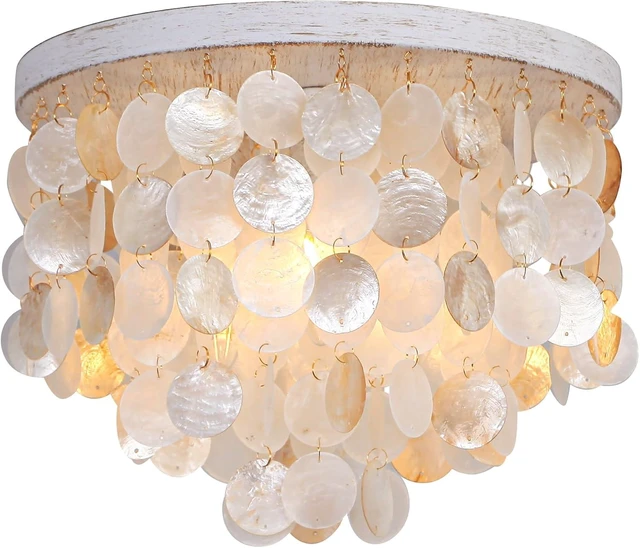 Main image of Capiz Shell Chandelier Ceiling Light, 3 Light Flush Mount Light for Bedroom, Hallway, Entryway,BathroomNurseyGirls RoomVintage White with Gold Shells
