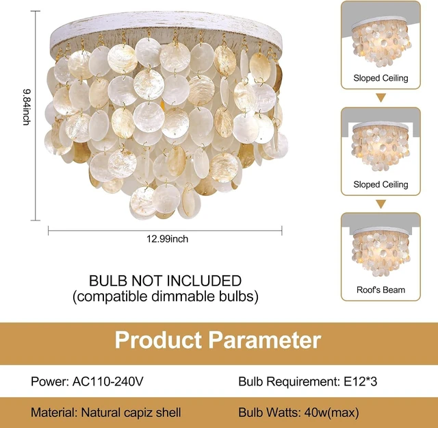 Alt view image 2 of 7 - Capiz Shell Chandelier Ceiling Light, 3 Light Flush Mount Light for Bedroom, Hallway, Entryway,BathroomNurseyGirls RoomVintage White with Gold Shells