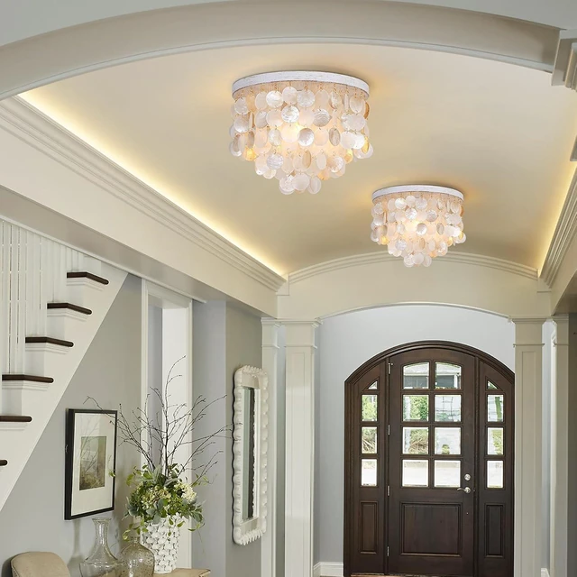 Alt view image 4 of 7 - Capiz Shell Chandelier Ceiling Light, 3 Light Flush Mount Light for Bedroom, Hallway, Entryway,BathroomNurseyGirls RoomVintage White with Gold Shells