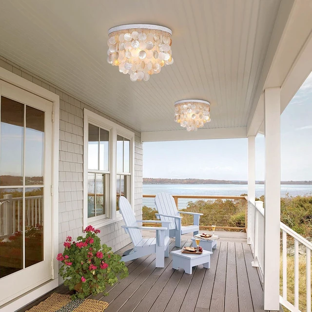 Alt view image 3 of 7 - Capiz Shell Chandelier Ceiling Light, 3 Light Flush Mount Light for Bedroom, Hallway, Entryway,BathroomNurseyGirls RoomVintage White with Gold Shells