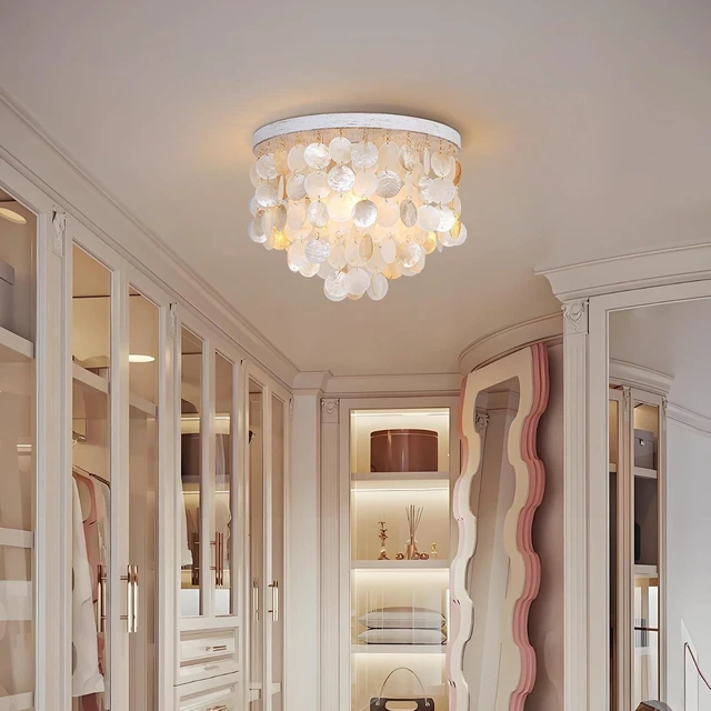 Alt view image 7 of 7 - Capiz Shell Chandelier Ceiling Light, 3 Light Flush Mount Light for Bedroom, Hallway, Entryway,BathroomNurseyGirls RoomVintage White with Gold Shells