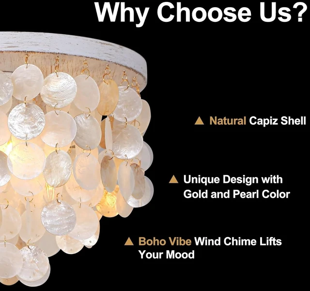 Alt view image 5 of 7 - Capiz Shell Chandelier Ceiling Light, 3 Light Flush Mount Light for Bedroom, Hallway, Entryway,BathroomNurseyGirls RoomVintage White with Gold Shells