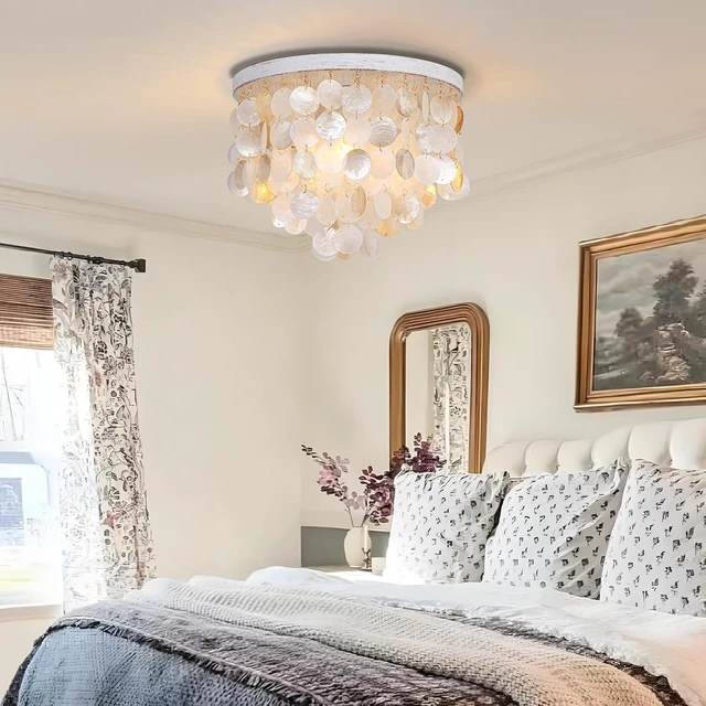 Alt view image 6 of 7 - Capiz Shell Chandelier Ceiling Light, 3 Light Flush Mount Light for Bedroom, Hallway, Entryway,BathroomNurseyGirls RoomVintage White with Gold Shells