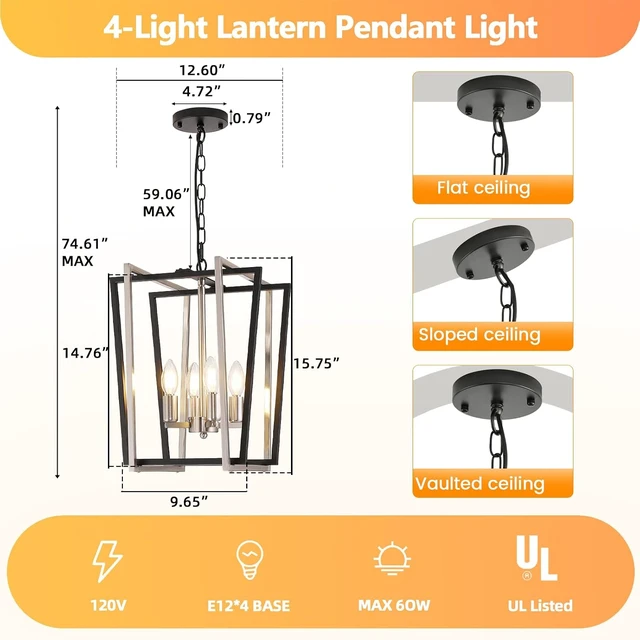 Alt view image 3 of 7 - WJShome 4-Light Modern Chandelier, Farmhouse Dining Room Light Fixture Hanging Pendant Lights Kitchen Island, Black and Silver Lantern Pendant Light, Adjustable Height Entryway Chandeliers