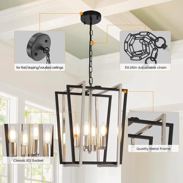 Alt view image 4 of 7 - WJShome 4-Light Modern Chandelier, Farmhouse Dining Room Light Fixture Hanging Pendant Lights Kitchen Island, Black and Silver Lantern Pendant Light, Adjustable Height Entryway Chandeliers