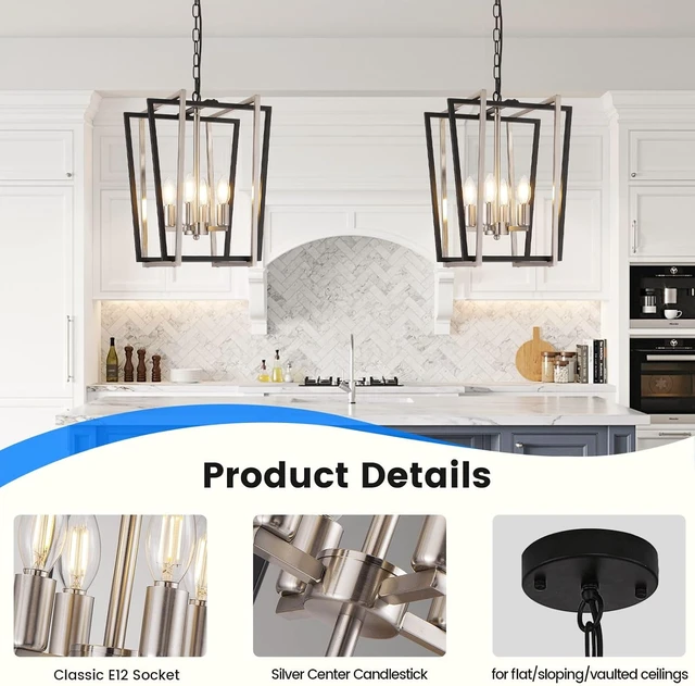 Alt view image 2 of 7 - WJShome 4-Light Modern Chandelier, Farmhouse Dining Room Light Fixture Hanging Pendant Lights Kitchen Island, Black and Silver Lantern Pendant Light, Adjustable Height Entryway Chandeliers