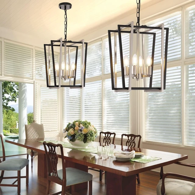 Alt view image 7 of 7 - WJShome 4-Light Modern Chandelier, Farmhouse Dining Room Light Fixture Hanging Pendant Lights Kitchen Island, Black and Silver Lantern Pendant Light, Adjustable Height Entryway Chandeliers