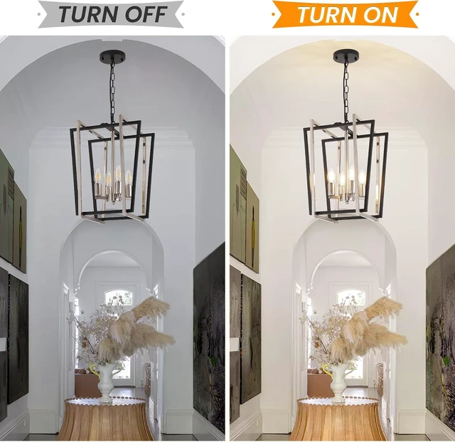Alt view image 5 of 7 - WJShome 4-Light Modern Chandelier, Farmhouse Dining Room Light Fixture Hanging Pendant Lights Kitchen Island, Black and Silver Lantern Pendant Light, Adjustable Height Entryway Chandeliers