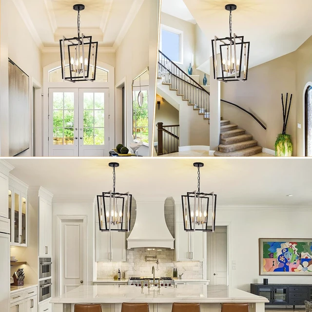 Alt view image 6 of 7 - WJShome 4-Light Modern Chandelier, Farmhouse Dining Room Light Fixture Hanging Pendant Lights Kitchen Island, Black and Silver Lantern Pendant Light, Adjustable Height Entryway Chandeliers