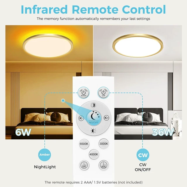 Alt view image 4 of 6 - libtit 12 Inch Gold LED Flush Mount Ceiling Light with Remote, Dimmable Low Profile Ceiling Fixture, Round LED Ceiling Light for Bedroom, Bathroom, Kitchen, Living Room, 2Pack