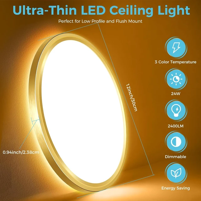 Alt view image 5 of 6 - libtit 12 Inch Gold LED Flush Mount Ceiling Light with Remote, Dimmable Low Profile Ceiling Fixture, Round LED Ceiling Light for Bedroom, Bathroom, Kitchen, Living Room, 2Pack