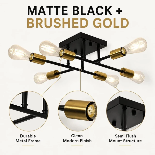 Alt view image 5 of 7 - 6-Light Semi Flush Mount Ceiling Light, Black Gold Sputnik