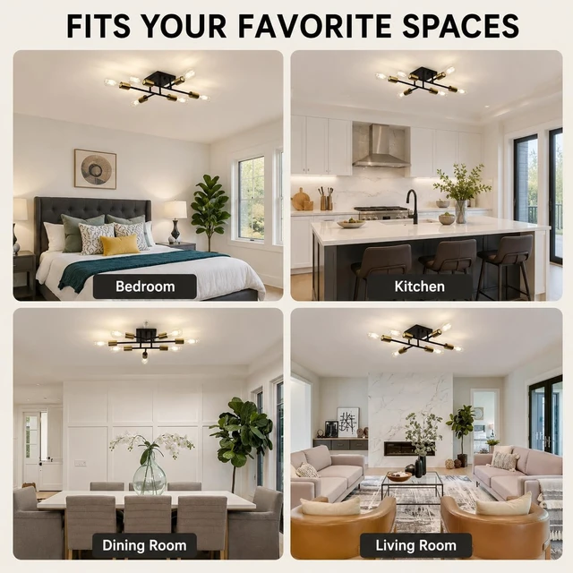 Alt view image 6 of 7 - 6-Light Semi Flush Mount Ceiling Light, Black Gold Sputnik
