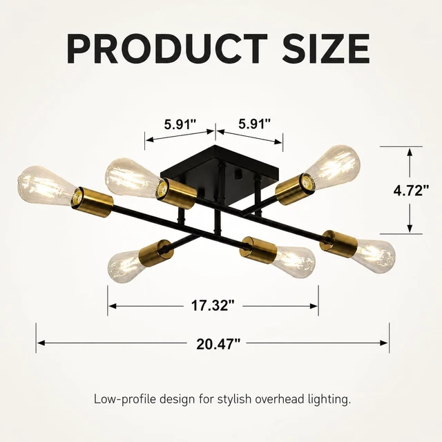Alt view image 7 of 7 - 6-Light Semi Flush Mount Ceiling Light, Black Gold Sputnik